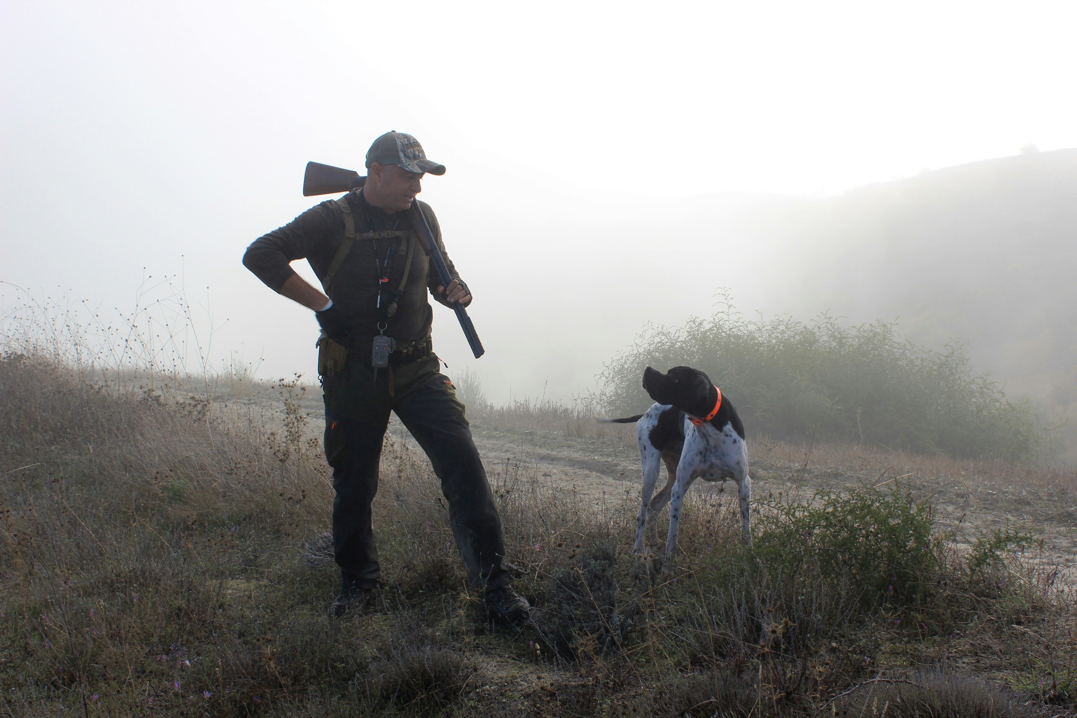 Hunter with dog at dawn